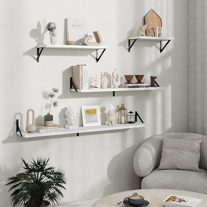 Floating Shelves, 8 Inch Deep Rustic Wood Wall Storage, 16W x 8D Wall Shelves Set of 2, Heavy Duty Metal Brackets, Industrial Book Shelf for Living Room, Kitchen, Bathroom, Bedroom, White