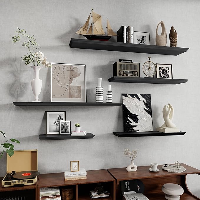 Fun Memories Floating Shelves 36 Inch Long, 9.3 Inch Deep Classic Crown Molding Floating Shelves for Wall, Rustic Wooden Shelves for Wall Decor Bathroom, Kitchen, Office, (Black, 2Pack)