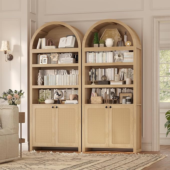 81" Tall Arched Cabinets,Bookcase with storage,Mid-Century Modern 6-Tier Bookshelf with Door,2 Book Risers and Adjustable Shelves offering more storage space for Living Room,Kitchen,Home Office,Oak