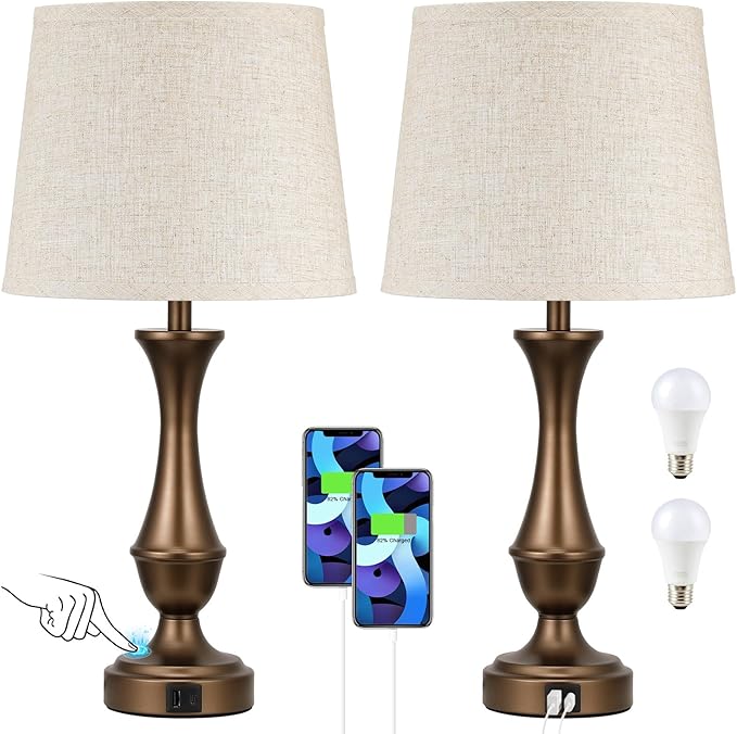 Seealle Upgraded Touch Lamps for Night Stands Set of 2 - Bedside Lamps with USB C+A, 3 Way Dimmable for Bedroom Living Room End Tables Office (Beige& Brown)