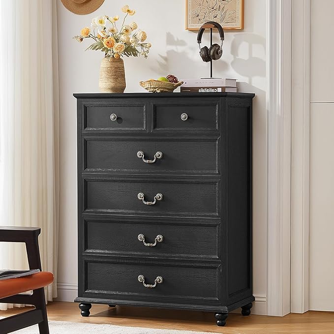 Farmhouse 6 Drawer Dresser Set of 2 for Bedroom, 42" Tall Rustic Chests of Drawers w/ 4 Solid Wood Feet, Mid Century Vintage Wooden Closet Storage Dressers Organizer for Living Room,Black