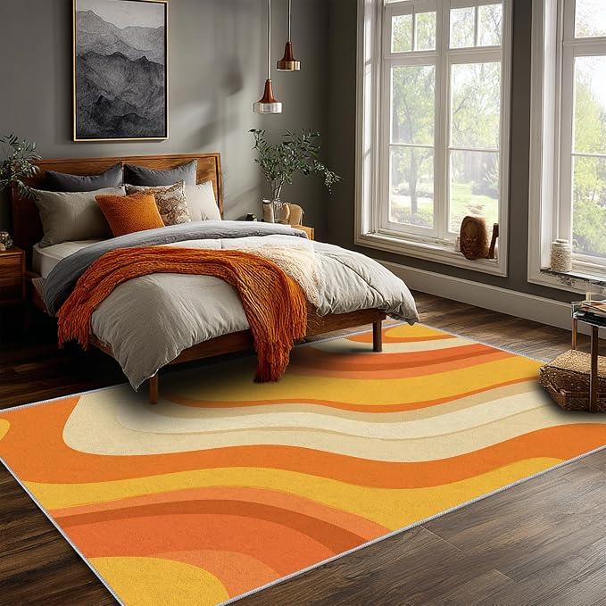 Sunset Flow Area Rug 6x9, Modern Abstract Wave Rug, Retro Orange Neutral Carpet for Living Room Bedroom, Soft Non Slip Washable Rug