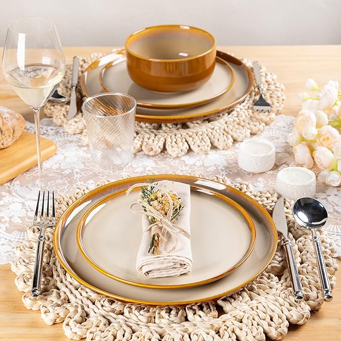 LeRatio Ceramic Dinnerware Sets for 4,Porcelain Plates and Bowls Sets, Reactive Glaze Dishes Set,Chip Resistant and Scratch Resistant | Oven&Dishwasher & Microwave Safe,Service for 4-Kahki &Black