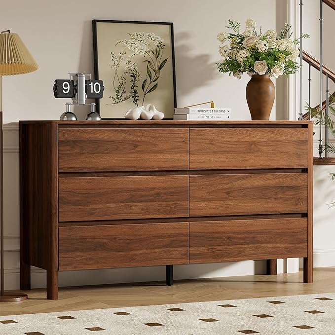 55" Mid-Century Modern Dresser for Bedroom, 6 Drawer Wide Chest of Drawers with Solid Wood Legs, Large Storage Bedroom Dresser, Walnut