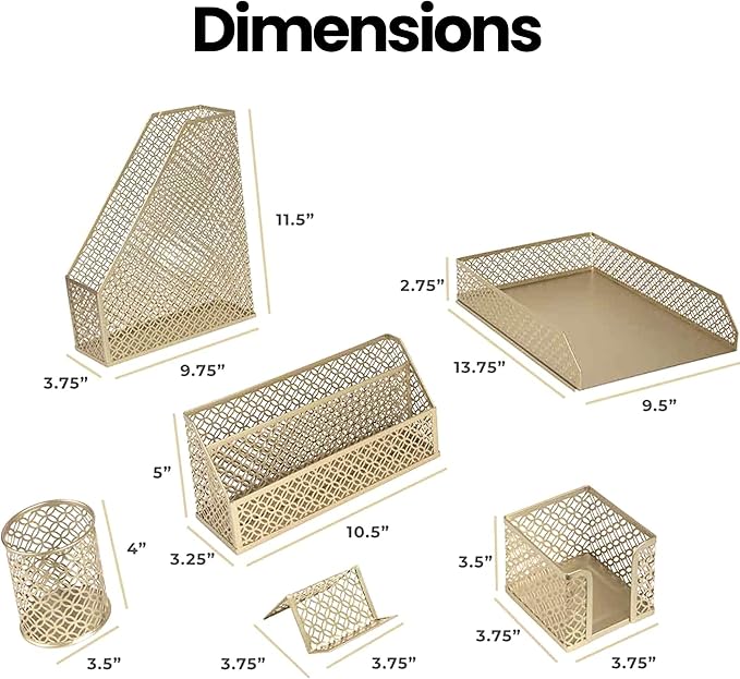 BLU MONACO | Gold Desk Organizer Set with Mail Sorter, Sticky Note Holder, Pen Cup, Magazine Holder, Letter Tray & Business Card Holder | Stylish Desk Accessories for Women & Home Office DΓ©cor