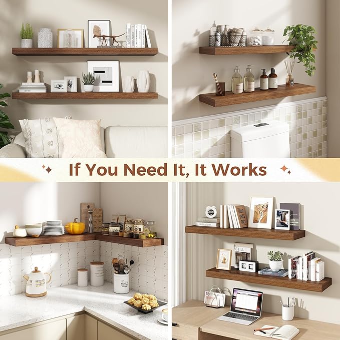 Dreamland 55 Inch Floating Shelves for Wall,8 Inch Deep Floating Shelves,55" W x 8" D Wall Shelves for Bedroom,Living Room, Kitchen,Bathroom,Walnut,Set of 2