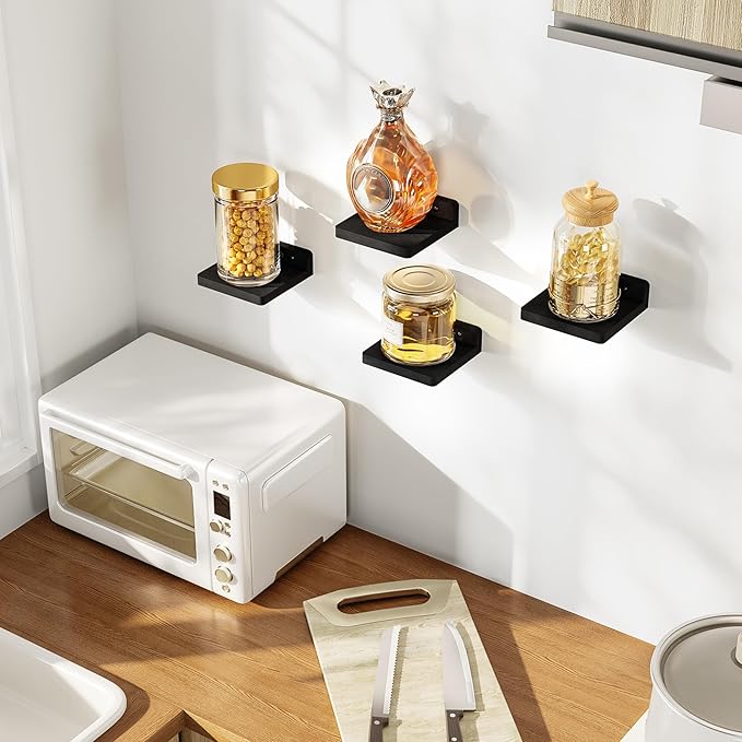 SRIWATANA Small Floating Shelves Wall Mounted, Wood Shelf for Decoration and Storage Set of 4, Mini Display Shelf for Bedroom, Bathroom, Kitchen, Office (Black, 5 inch) (Pack of 2)