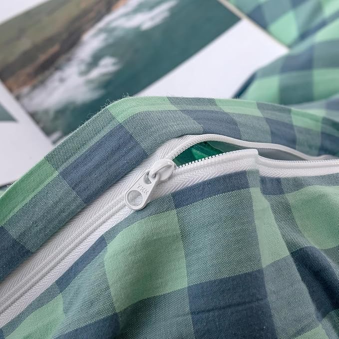 mixinni Green Gingham Grid Duvet Cover Full, 100% Washed Cotton Modern Geometric Bedding Set with 2 Pillowcases, Farmhouse Style Blue Plaid Comforter Cover Set for Men & Women, Soft & Lightweight