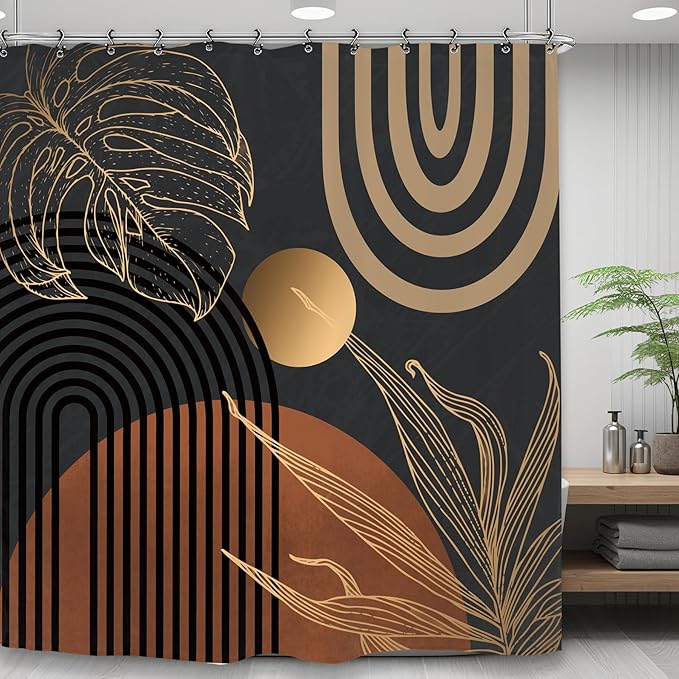 Yookeb Abstract Dark Mid Century Bathroom Shower Curtain 71W by 71H Inch Minimalist Aesthetic Modern Contemporary Leaves Polyester Fabric 12 Plastic Hooks Waterproof Decor