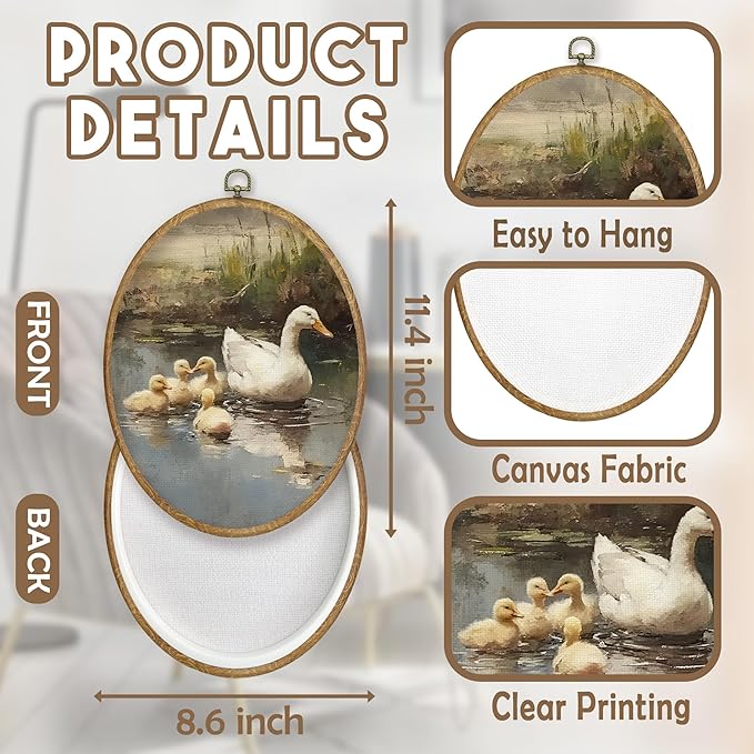 CGBHW Vintage Duck Oval Wall Art Decor, Spring Country Landscape Animal Canvas Prints Framed, Rustic Farmhouse Wall Art Hanging Decor for Home Kitchen Bedroom Living Room Decoration, 8.6x11.4 Inch