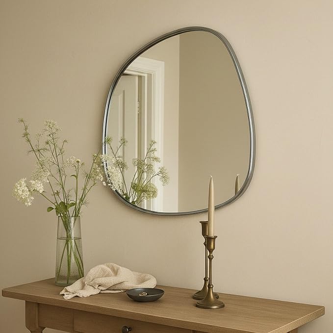 TEHOME Asymmetrical Irregular Shaped Antiqued Silver Foil Asymmetrical Accent Mirror Irregular Bathroom Wall Mirror