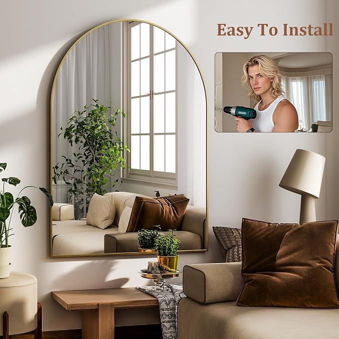 HARRITPURE 22"x30" Arched Bathroom Mirror, Wall Mounted Mirror, Gold Arch Mirror, Aluminum Alloy Frame Wall Mirror for Living Room, Bedroom and Entryway