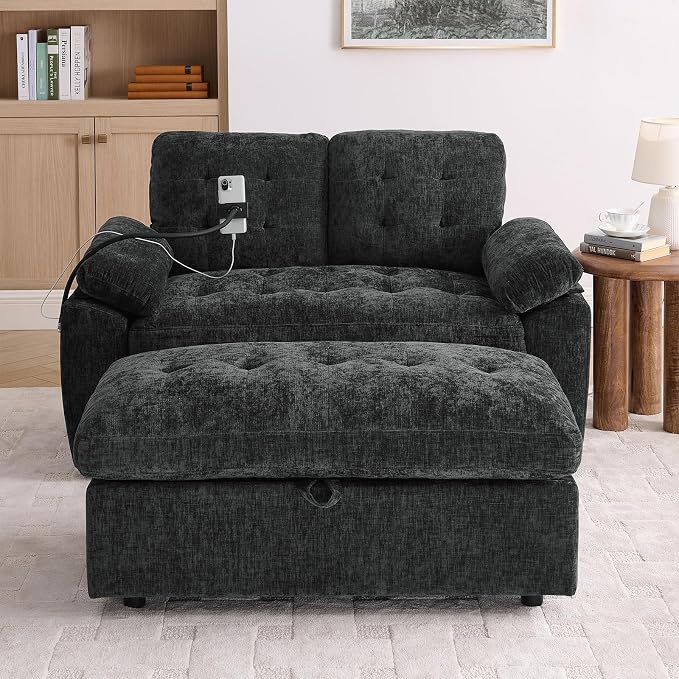 Oversized Chaise Lounge Chair Indoor, Double Convertible Recliner Reading Arm Sofa Chair W/Adjustable Backrest & Charging Port Couch Bed for Living Room, Home Theater & Bedroom, Black