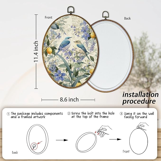 AEHIE Vintage Floral Bird Oval Wall Art Decor, Cottagecore Flower Botanical Lemon Canvas Artwork Framed, Country Bird Floral Picture Oval Wall Art for Home Bedroom Living Room Decor, 11x8.5 Inches