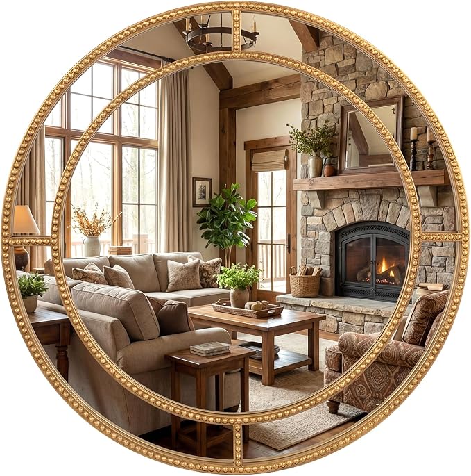 Tangkula 28" Gold Round Wall Mirror, Circle Decorative Modern with Beaded Frame for Living Room, Entryway, Fireplace, Bedroom, Vintage Mirror Wall Decoration