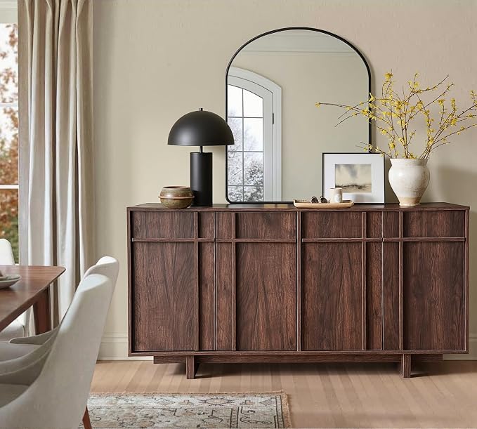 Sideboard Buffet Cabinet with Storage, Mid Century Modern Accent Cabinet with Skeleton Line & Wood Grain Texture,Minimalist Geometric Credenza for Living Room, Kitchen and Entryway, Walnut