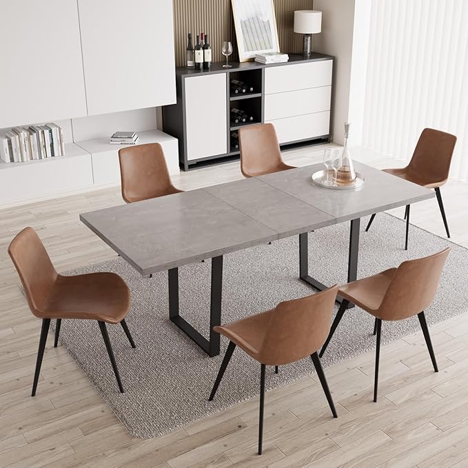 ZckyCine Modern Mid-Century Dining Table Set for 6-8 People Kitchen Dining Room Table Set Extendable Wood Dining Table and 6 Upholstered Chairs, Home Kitchen Furniture