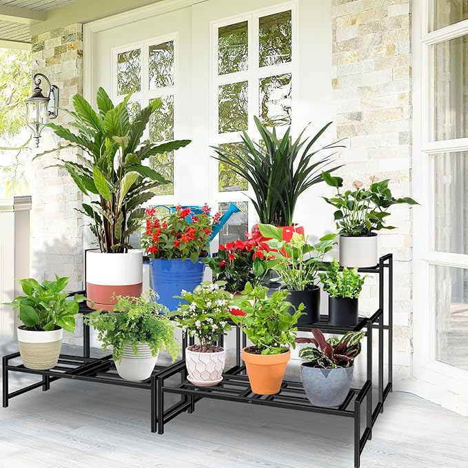 Lilybud--lily Plant Stand Indoor Outdoor, 3-Tier Wrought Iron Plant Stands, Stackable Metal Plant Shelf Decorative Outdoor Flower Stand Heavy Duty Pedestal Stands for Garden Deck Living Room, Black