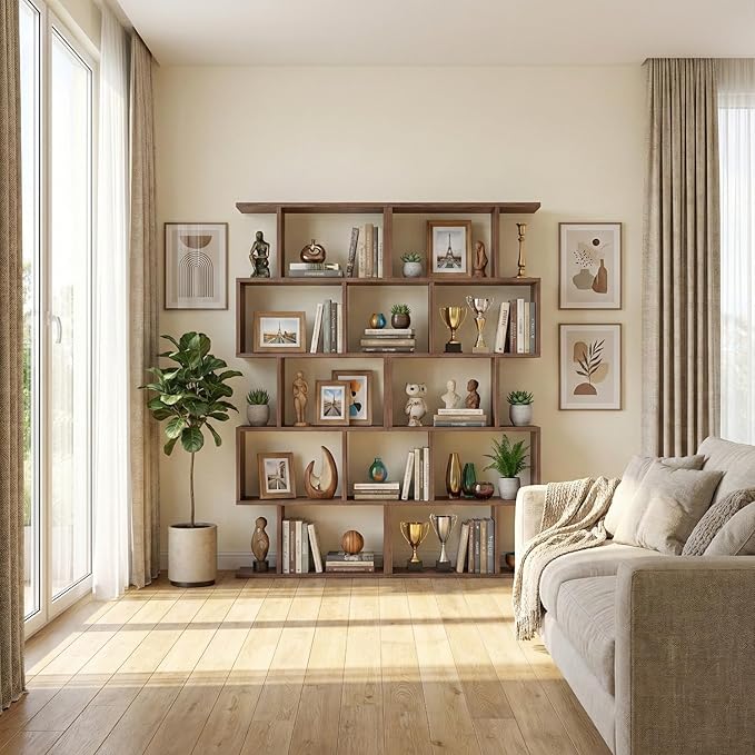 5-Tier Geometric Bookcase (Set of 2), 62.6" Tall S-Shaped Bookshelf & Room Divider, Modern Brown Freestanding Display Shelving Unit for Living Room, Hallway, Home Office