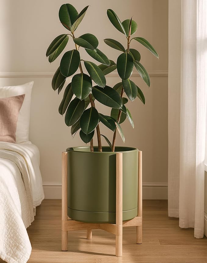 D'vine Dev Ceramic Planter with Natural Stand - 14 Inch Modern Round Flower Pot with Wood Planter Holder, Olive, 55-B-R-J