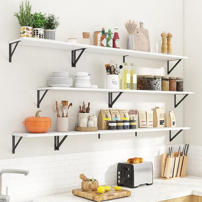 8" Deep Floating Shelves for Wall,16 inch Wood Wall Shelves Set of 2,Wide Floating Bookshelf with Sturdy Metal Brackets,Hanging Storage Floating Shelf for Living Room,Bedroom,Bathroom,Office,White