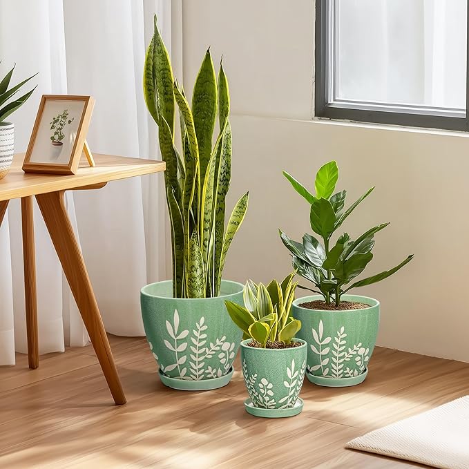 10 Inch Ceramic Plant Pot with Drainage and Saucer - Large Decorative Flower Pot for Indoor and Outdoor Plants, Round Indoor Planter, Gifts for Plant Lovers, Home Office Patio Decor, Green