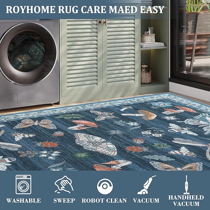 Washable 9x12 Area Rugs Living Room Large Rug Boho Vintage Floral Carpet Soft Bedroom Indoor Floor Mats Non-Slip Farmhouse Rustic Style Carpet for Nursery Dining Room Home Decor Office, Blue