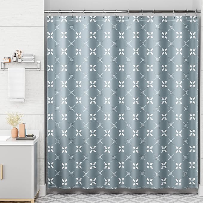 AmazerBath Shower Curtain Blue, Cloth Blue and White Floral Fabric Shower Curtain Sets with 12 Shower Curtain Hooks, Rustic Home Decor Washable Farmhouse Fall Bathroom Shower Curtains, 72x72 Inches