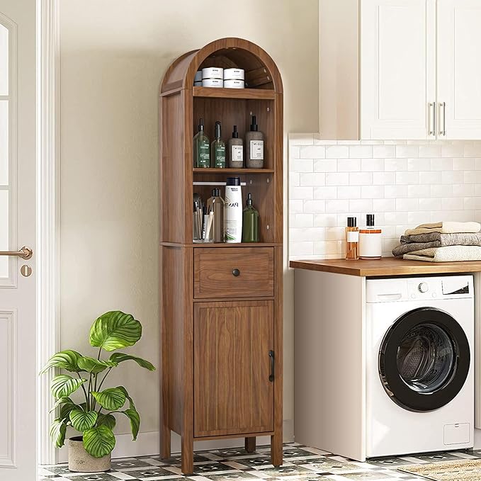 64" Tall Bathroom Storage Cabinet with Adjustable Shelves,Tall Narrow Arched Freestanding Tower Cabinet with Fluted Doors and Drawers,Space Saving Organizer for Bathroom Living Room (Walnut)