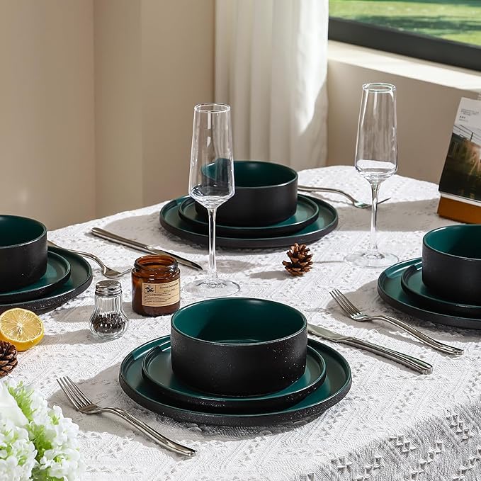 GZG Classic Series - Plates and Bowls Set for 4, 12 Piece Stoneware Dinnerware Sets, Microwave and Dishwasher Safe Lead-Free Handcrafted Ceramic Dishes Set - Malachite Green