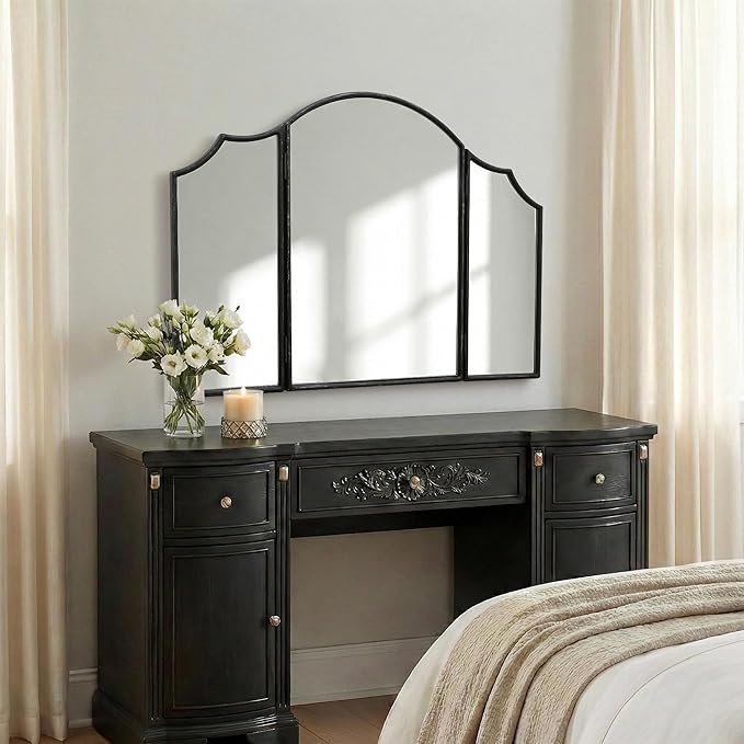Besdomus Black Scalloped Dresser Mirror: 36"x24" Large Modern 3 Way Trifold Vanity Miror - Minimalist Wood Frame Three Sided for Bedroom/Cloakroom/Dressing Room - Home Decor for Housewife