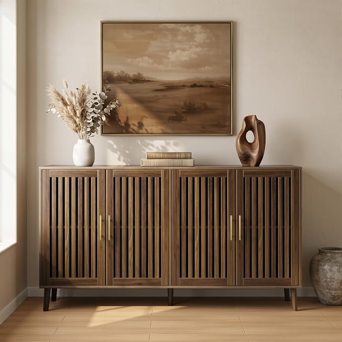 Smart FENDEE 63" Long Sideboard Buffet with 4 Slatted Doors, Farmhouse Buffet Storage Cabinet with Adjustable Shelf, Coffee Bar Cabinet for Entryway, Kitchen, Dining Room, Living Room, Walnut Color