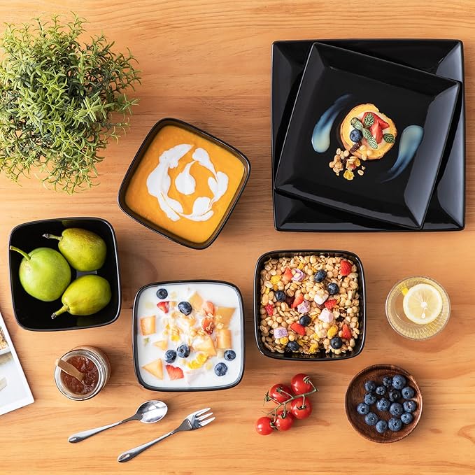 vancasso Soho Dinnerware Sets 12 Pieces, Black Stoneware Square Place Setting, Plates and Bowls Sets, Dinner Plate, Dishes Set for 4
