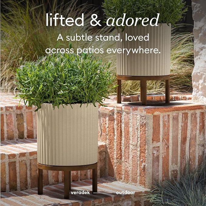 Veradek Demi Series Round Planter w/ Stand for Porch/Patio | Durable Plastic-Concrete & Wooden Stand | Modern Décor for Tall Plants, Flowers