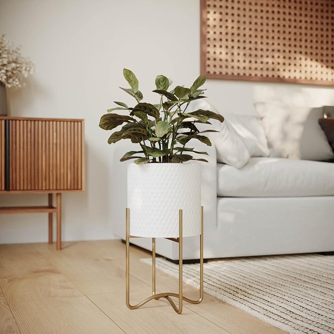 EverNest Claire Mid-Century Modern White Plant Pot with Ambrose Stand, SelectBase, Indoor Plant Pot, Bohemian Style, Minimalist Plant Home Décor (Small, Gold)