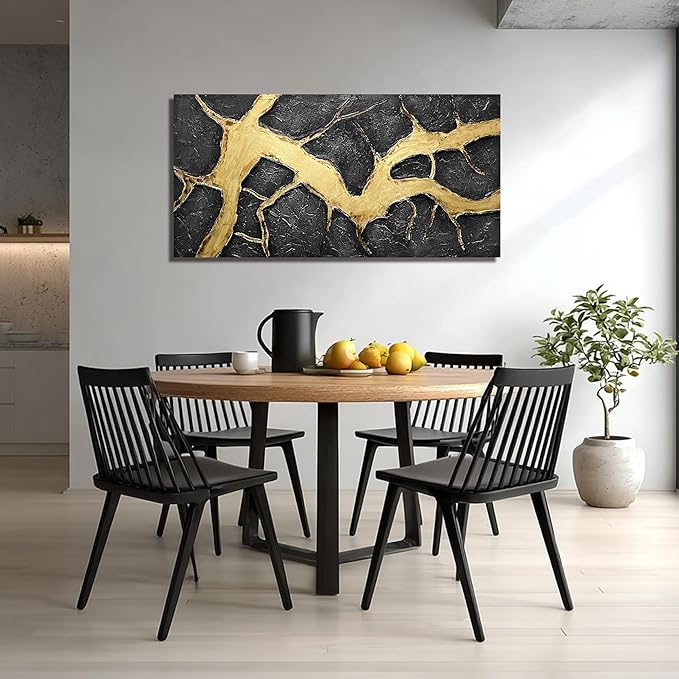 DNIEOTU Abstract Canvas Wall Art for Living Room, Black and Gold Wall-Decor for Bedroom, 3D Textured Paintings for Hallway Office, Size 47 x 24 Inches Hand Painted