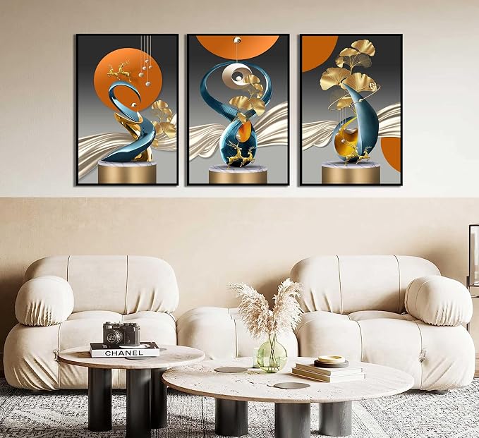 3 Pcs Bright Style Canvas wall Art Golden Deer Luxury Foil Lines Paintings Pictures Modern Abstract White Blue orange color Grey Posters Prints for Living Room Bedroom Office Home Wall Decor Unframed