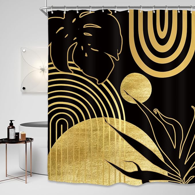 Miyotaa Abstract Black Gold Minimalist Shower Curtain Set 60Wx71H Inches Modern Aesthetic Mid Century Leaves Contemporary Neutral Plant Waterproof Bathroom Curtain with 12 Hooks