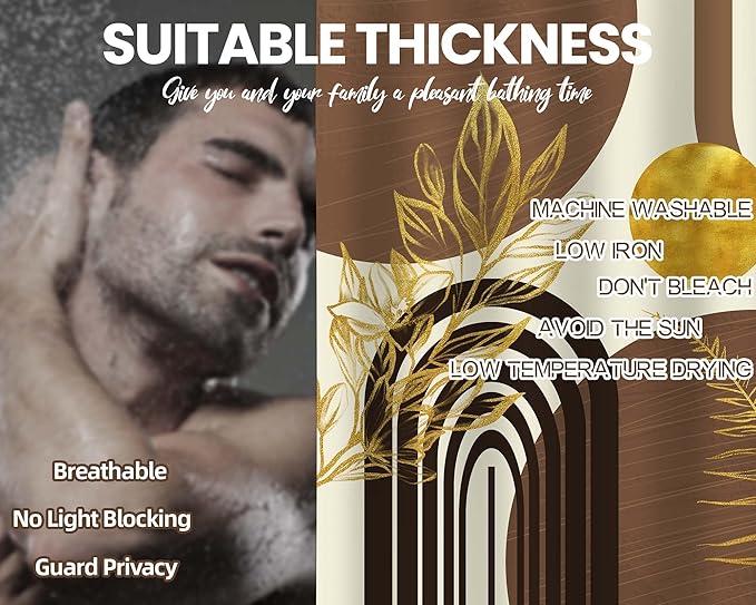 Mid Century Modern Black and Brown Shower Curtain Boho Beige and Dark Tan Gold Shower Curtains for Mens Bathroom Decor Sets, Waterproof Cloth Fabric with Hooks, 60x72in