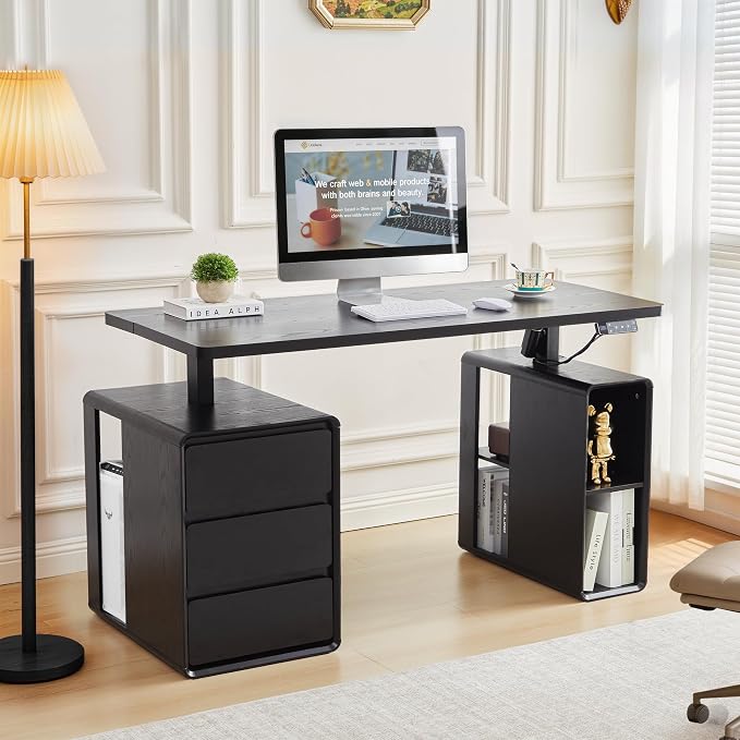 AVZEAR Farmhouse Electric Standing Desk, 55" Height Adjustable Computer Stand up Desk with 3 Drawers and Storage Shelf, Mid Century Modern Home Office Desk Wood Sit Stand Desks for Work, Study, Black