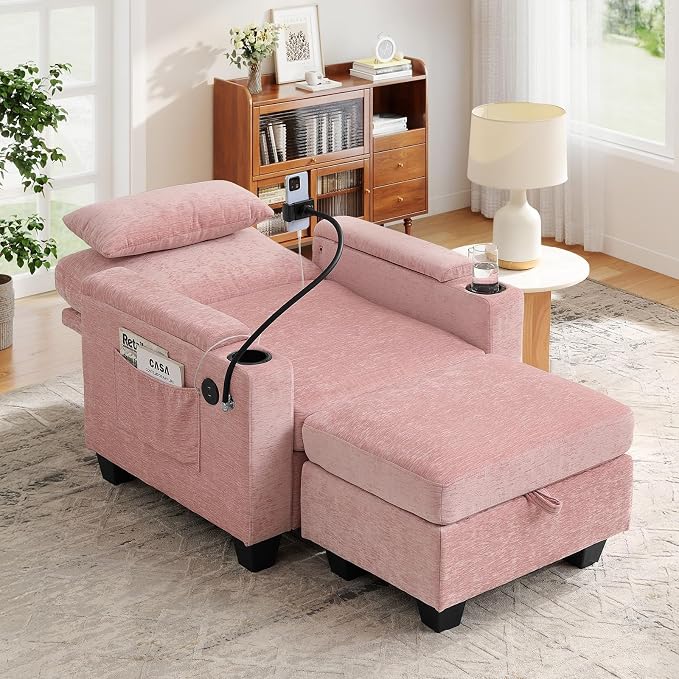 Small Chaise Lounge Chair Indoor with Ottoman&Adjustable Backrest,Chenille Tufted Recliner Comfy Sofa Chair with USB,Phone Holder&Storage Arms,Convertible Sleeper Couch Bed for Living Room(37"W,Pink)