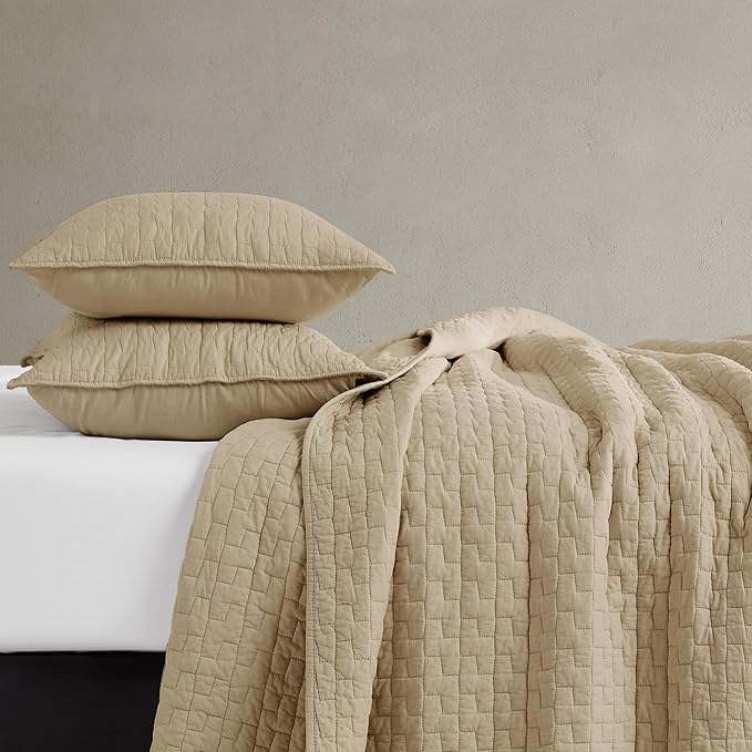 palassio Dark Beige 100% Cotton Quilt Twin Size Bedding Sets with 1 Pillow Sham, Textured Lightweight Soft Bedspread Shabby Chic Coverlet, Quilted Comforter Bed Cover for All Season, 2 Pieces