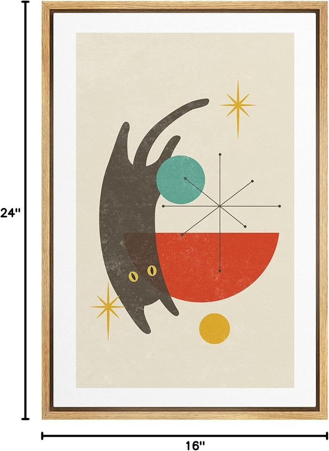 Woodrose Framed Canvas Print Wall Art Geometric Symbol Cartoon Black Cat Animals Shapes Illustrations Modern Minimalist Chic Relax/Calm Multicolor for Living Room, Bedroom, Office - 16"x24" Natural