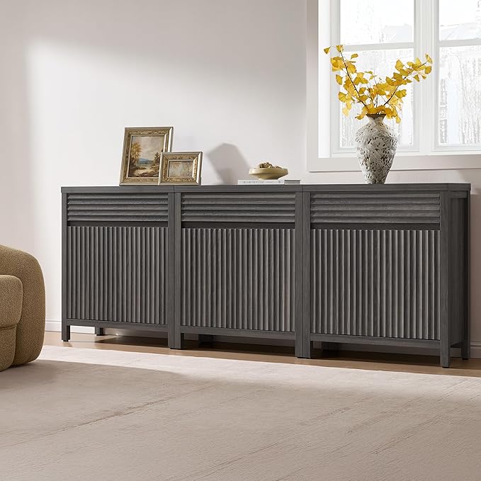 SICOTAS Sideboard Buffet Cabinet with Drawer - 58" Fluted Sideboard Modern Credenza with Doors & Adjustable Shelves, Farmhouse Coffee Bar Media Console for Living Room Kitchen Entryway, Black Oak