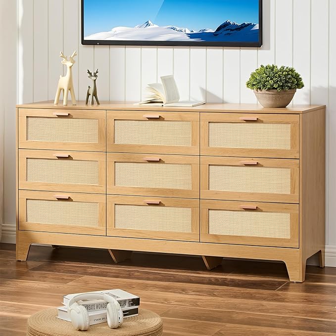 Dresser for Bedroom with 9 Drawers – Wide Chest of Drawers with Pulls Handles, Solid Wood Legs, Easy Assembly, Farmhouse Tall Dressers for Closet, Living Room,Hallway and Entryway Natural oak