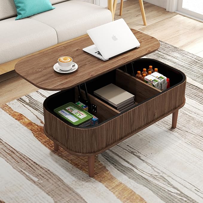 Fluted Lift Top Coffee Table with Hidden Storage, Oval Coffee Table with Lifting Top, Mid Century Modern Design for Living Room, Office & Small Spaces(Walnut)
