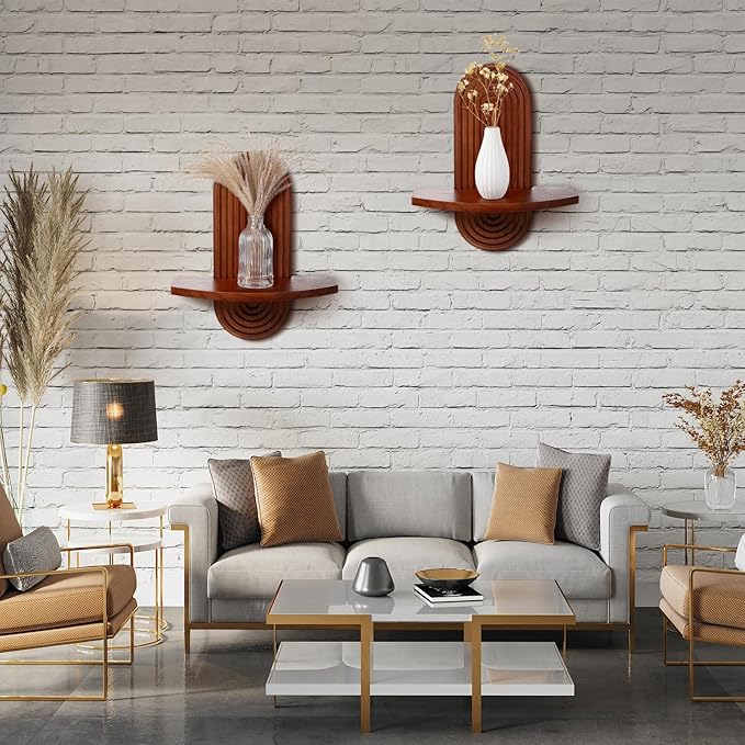 Suzile 2 Pcs Arched Boho Wooden Wall Shelves Mid Century Shelves Walnut Holders Hanging Wood Wall Mount Rainbow Shelf Rustic Floating Shelf with 2 Hook for Plant Book Bedroom Bathroom Nursery
