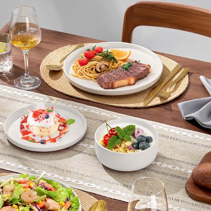 E-far 6-Piece Stoneware Dinnerware Sets, Plates and Bowls Sets for 2, Ceramic Dishware Dishes Set with Terracotta Base, Chip & Scratch Resistant, Microwave & Dishwasher Safe, Speckled White