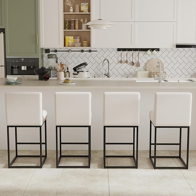 27" Height Bar Stools Set of 4 Counter Height Stools with Back and Footrest for Kitchen Modern Metal Barstools, Linen Upholstered Farmhouse Bar Chairs Island Stools, Cream