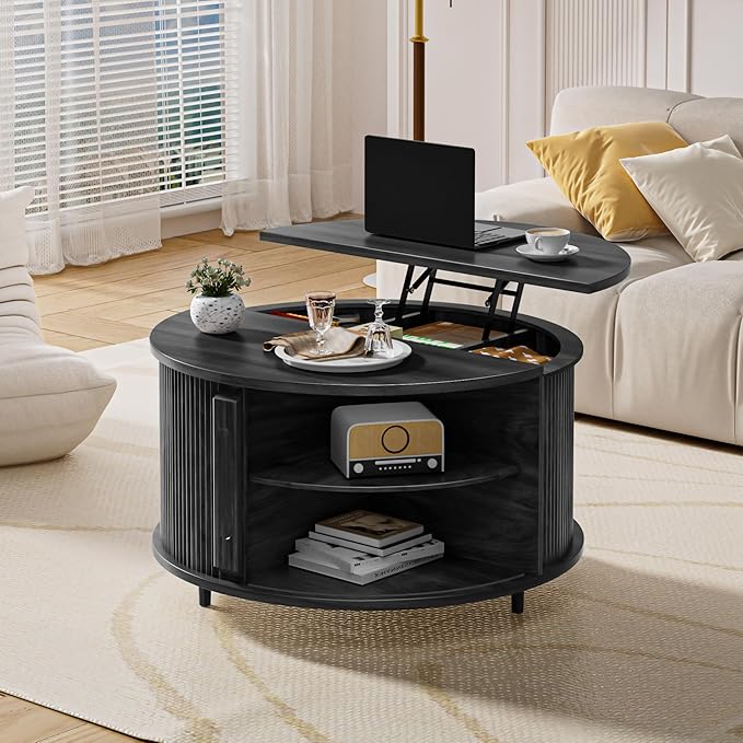 Round Lift Top Coffee Table, 31.5” Fluted Wood Lift Up Center Table with Sliding Door & Hidden Storage, Mid Century Modern Coffee Table for Living Room & Home Office (Black)